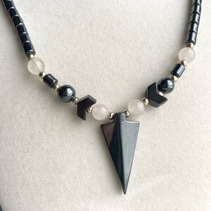 Vintage Hematite Arrowhead Pendant Beaded Necklace